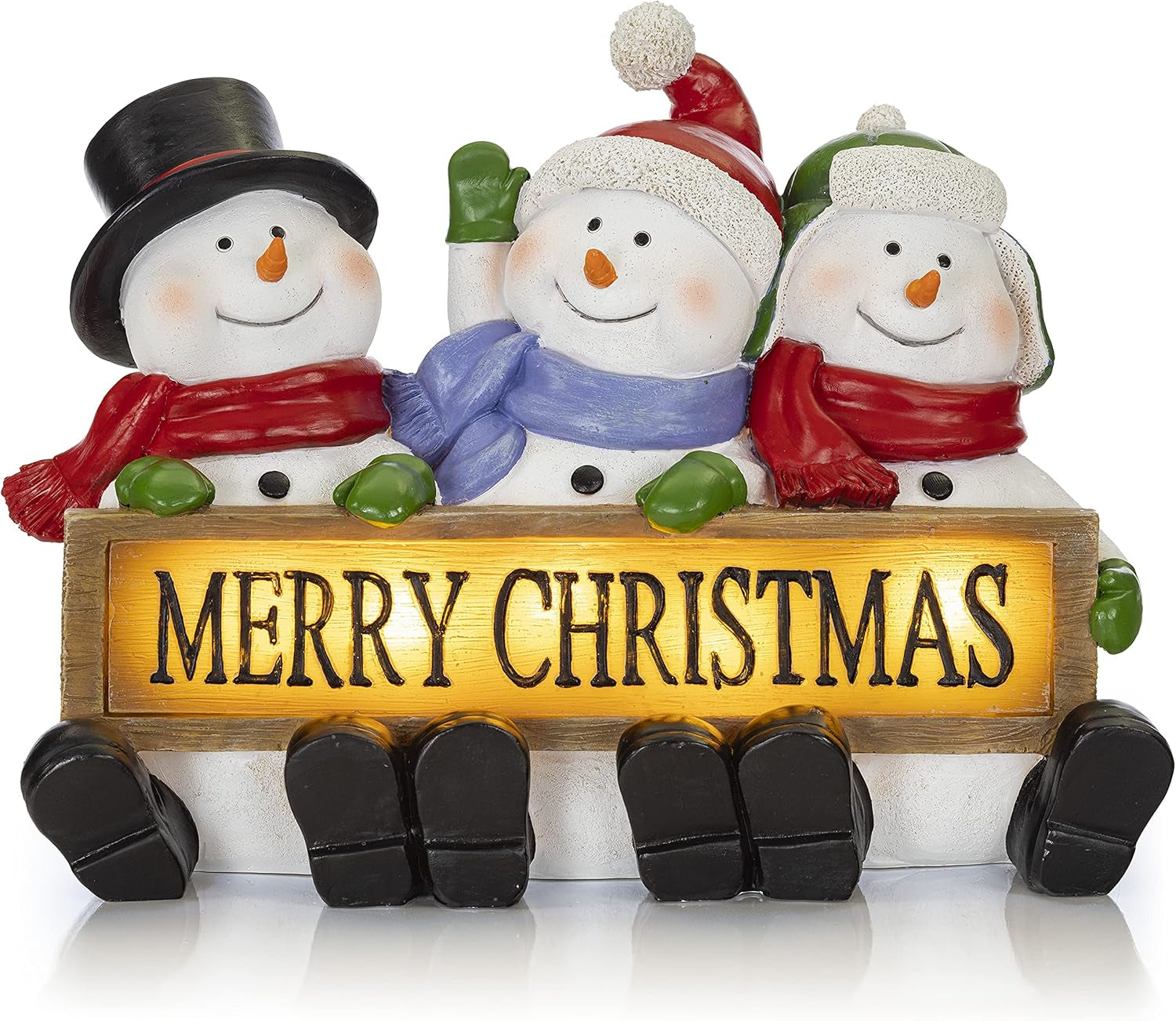 Glowing Merry Christmas Sign Trio LED Snowman Decor Christmas Figurines Resin Lighted Snowman Decorations Holiday Light up Snowman Indoor Festive Fiber Optic Decorations