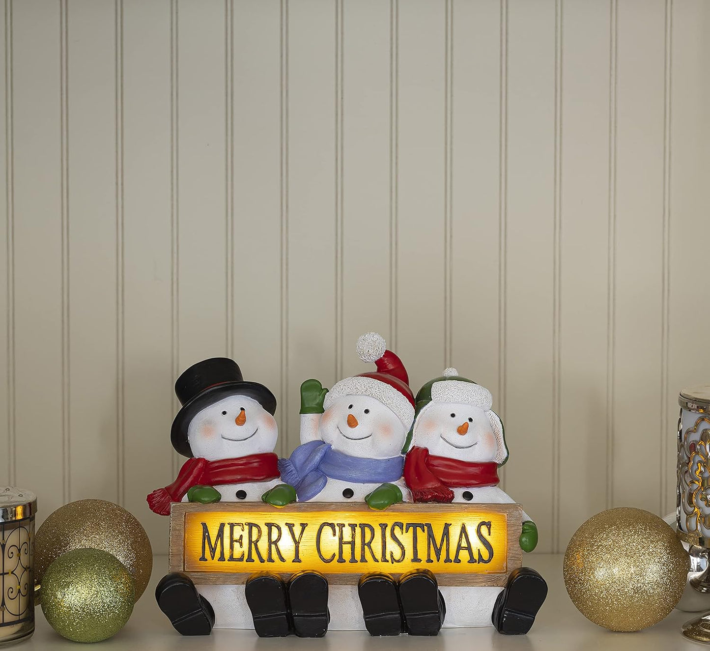 Glowing Merry Christmas Sign Trio LED Snowman Decor Christmas Figurines Resin Lighted Snowman Decorations Holiday Light up Snowman Indoor Festive Fiber Optic Decorations