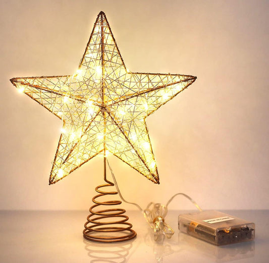 Christmas Tree Topper Star, Christmas Treetop Decorations with Warm White Led Light and Timer Function, Hollowed-Out Glittered Star for Home and Office Decoration, 8 X 10 Inch