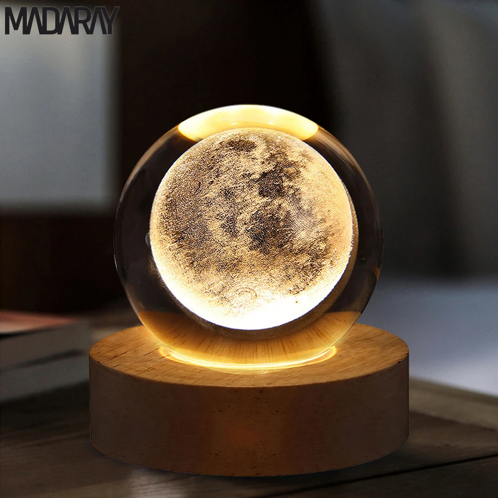 3D Moon Table Lamp with Crystal Ball Night Lights - Glowing Planet Galaxy Astronaut USB Atmosphere Lamp for Kids' Room Decor