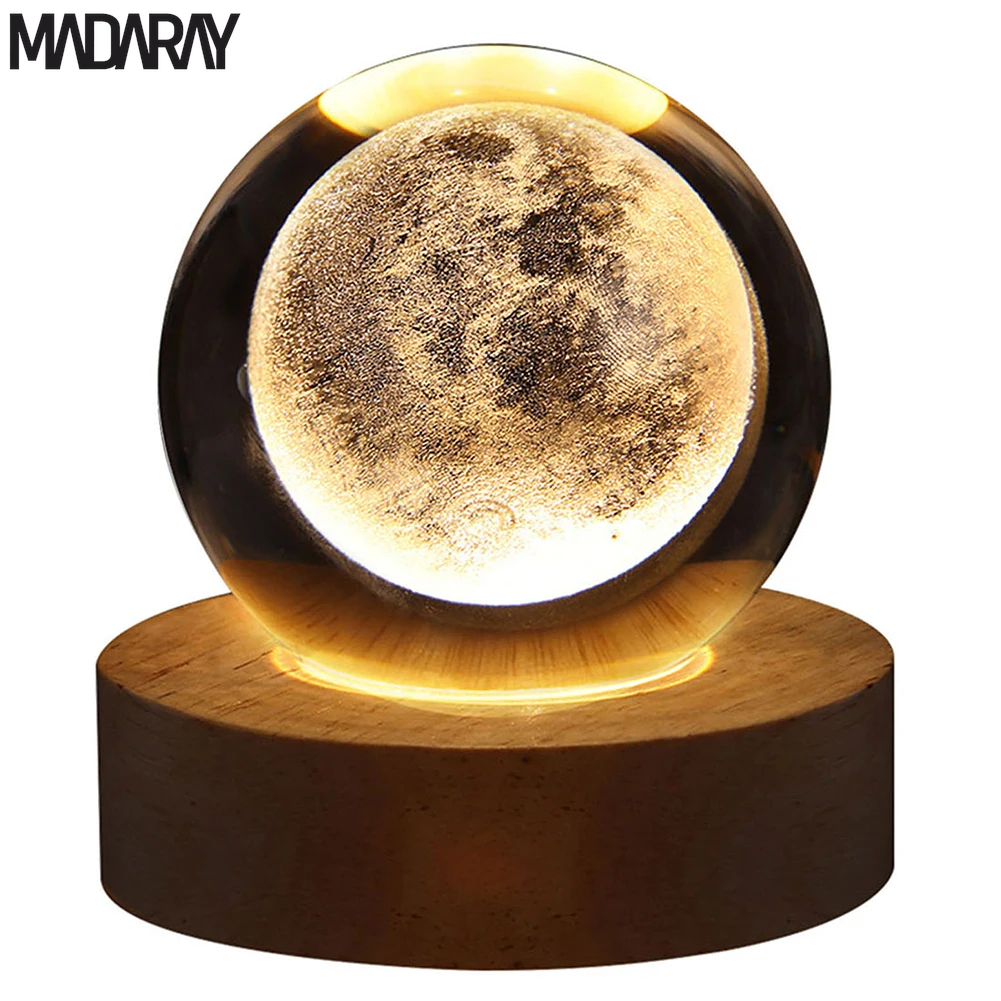 3D Moon Table Lamp with Crystal Ball Night Lights - Glowing Planet Galaxy Astronaut USB Atmosphere Lamp for Kids' Room Decor