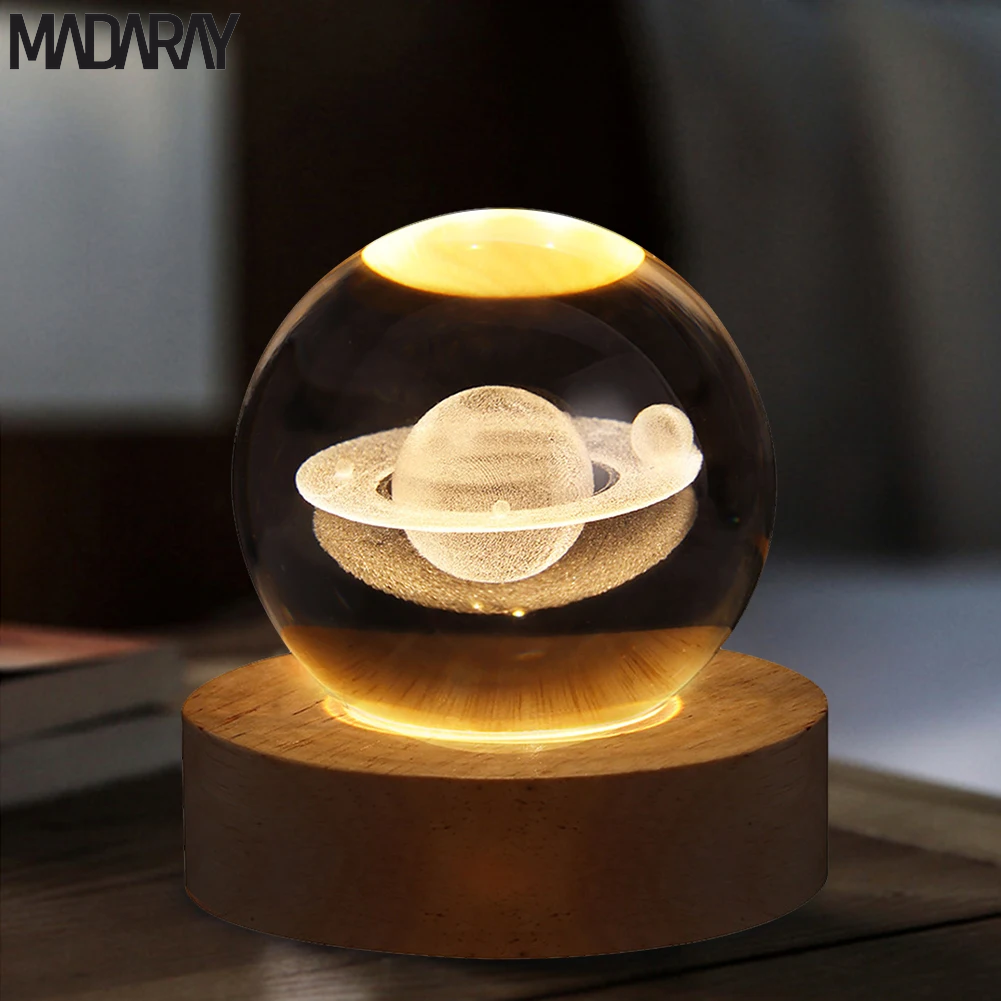 3D Moon Table Lamp with Crystal Ball Night Lights - Glowing Planet Galaxy Astronaut USB Atmosphere Lamp for Kids' Room Decor