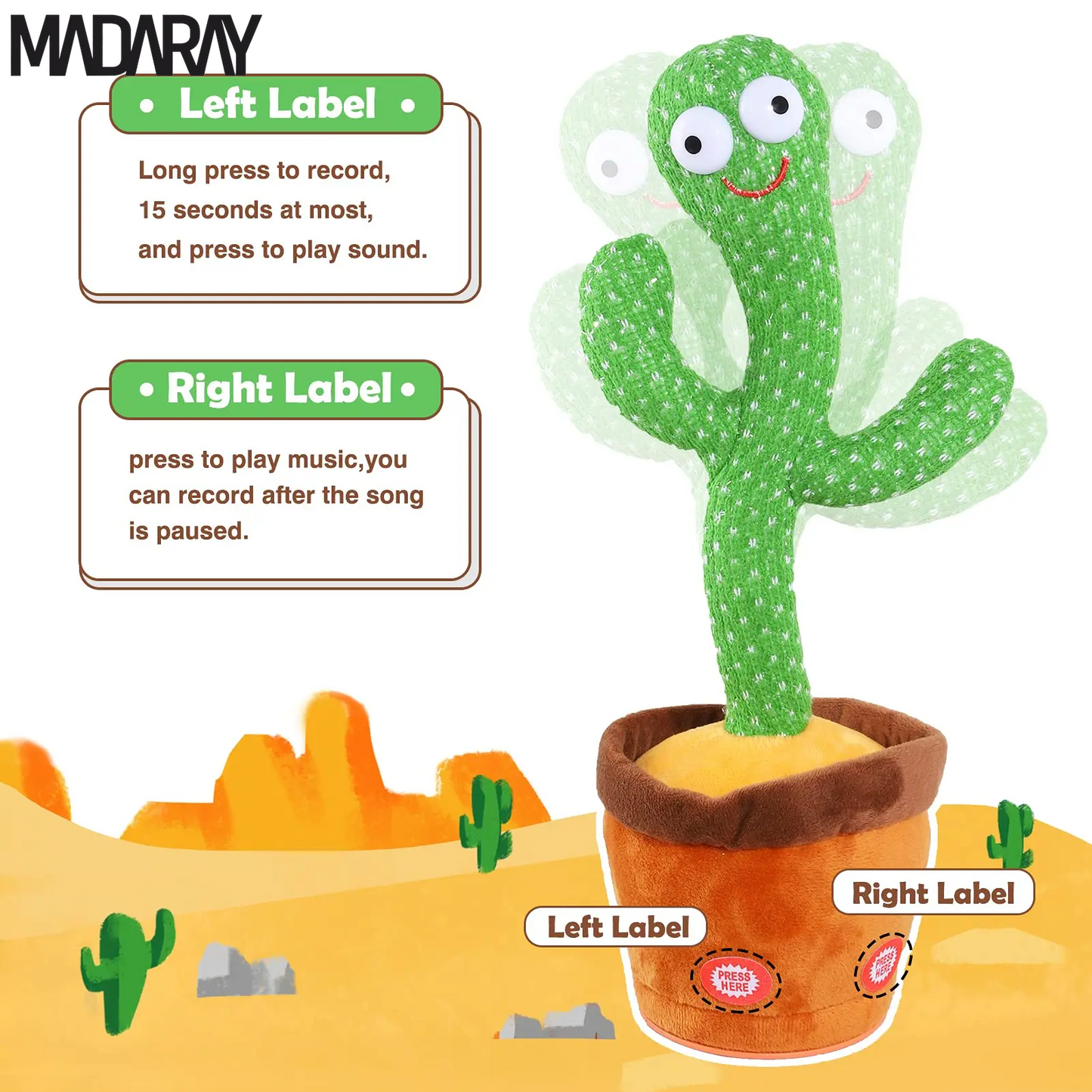 Kids Dancing Talking Cactus Toys Singing Mimicking Recording Repeating What You Say Cactus Plush Toy with 120 Song Dancing Smart