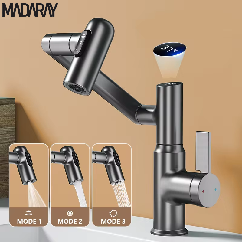 Digital Display LED Basin Faucet 360 Rotation Multi-Function Stream Sprayer Hot Cold Water Sink Mixer Wash Tap for Bathroom