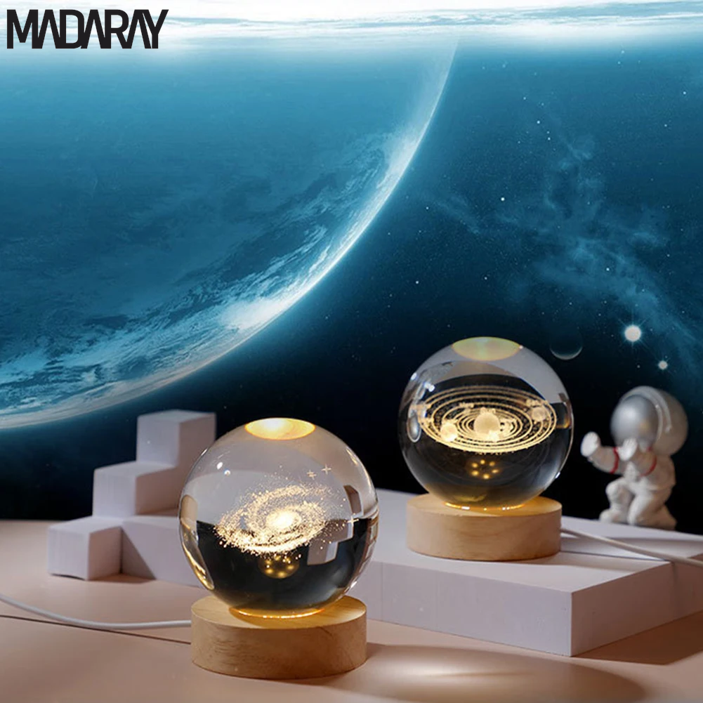 3D Moon Table Lamp with Crystal Ball Night Lights - Glowing Planet Galaxy Astronaut USB Atmosphere Lamp for Kids' Room Decor