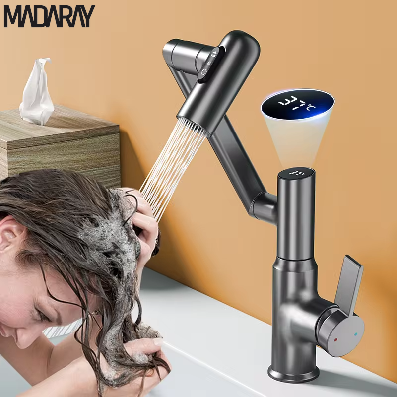 Digital Display LED Basin Faucet 360 Rotation Multi-Function Stream Sprayer Hot Cold Water Sink Mixer Wash Tap for Bathroom